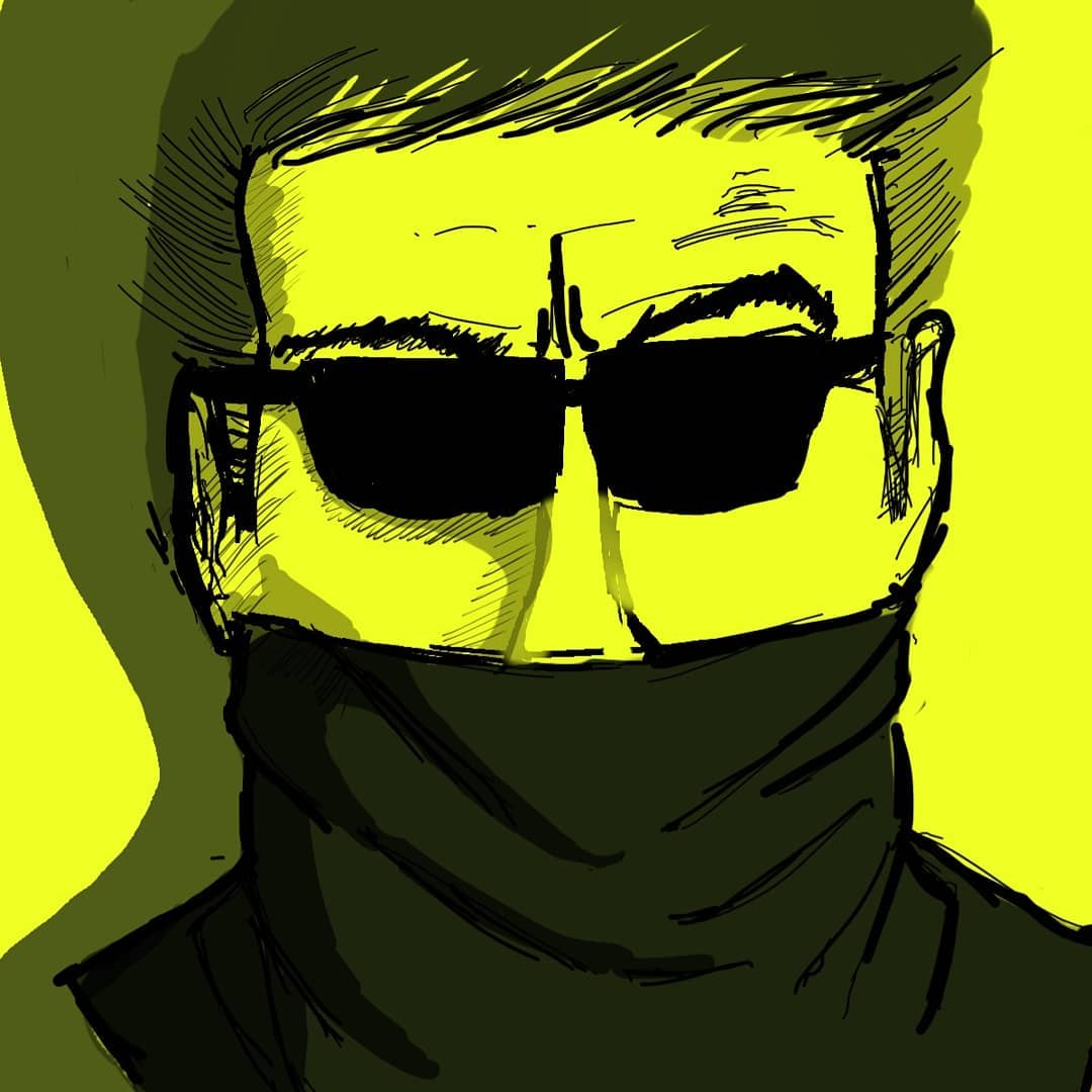 A stylized digital drawing of a person wearing dark sunglasses and a scarf covering the lower half of their face. The background is a solid bright yellow, and the drawing has a high-contrast, almost silhouette-like effect with bold black lines and shading.