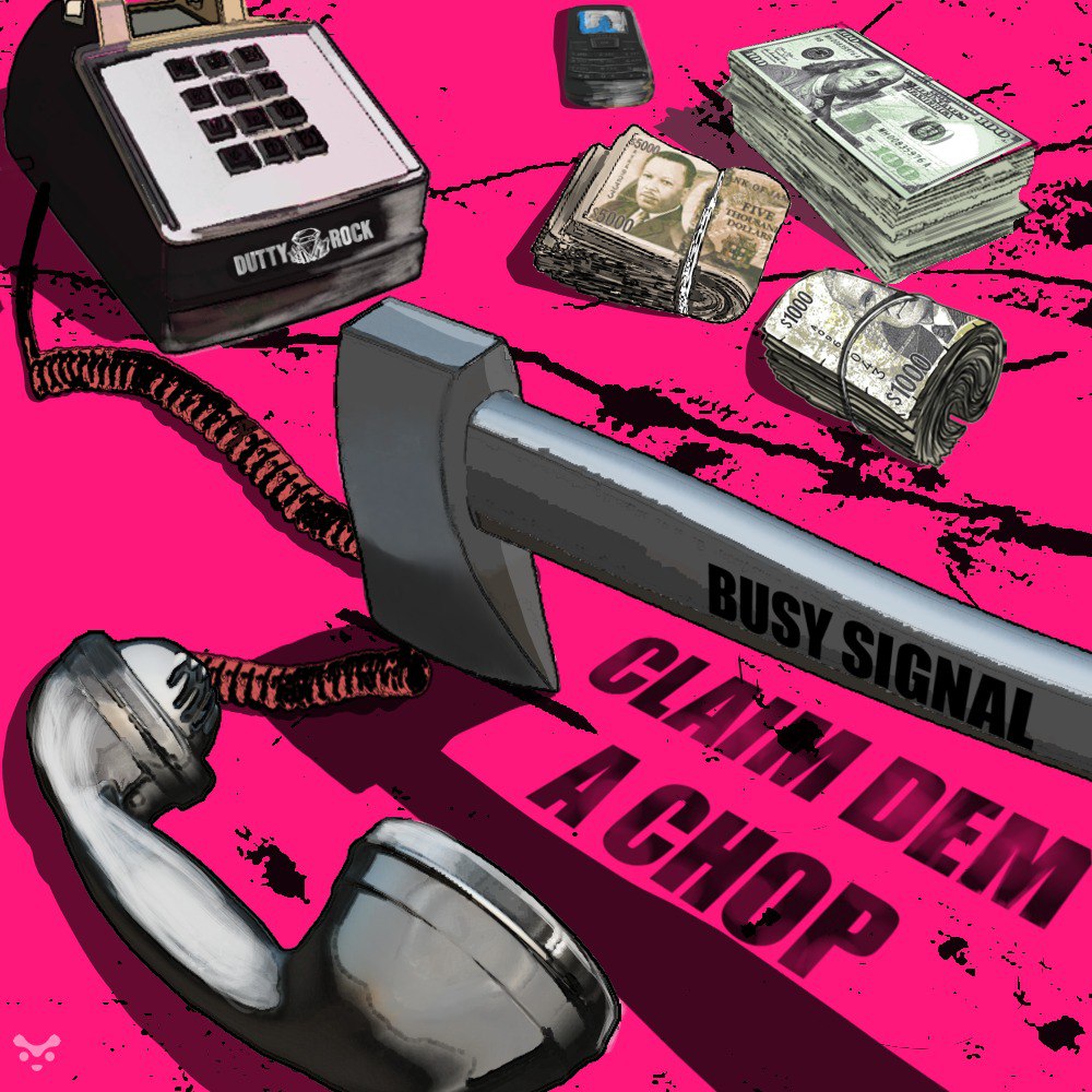 An artistic digital collage featuring various elements including an old-fashioned telephone, a stack of cash, a bundle of different currencies, a mobile phone, and a large hatchet labeled "Busy Signal." The background is a vibrant magenta color with black splatters, creating a dramatic and intense visual effect.